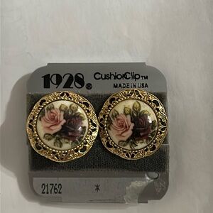 1928 Jewelry Co. Gold Tone Pink Roses Painted Clip On Earrings